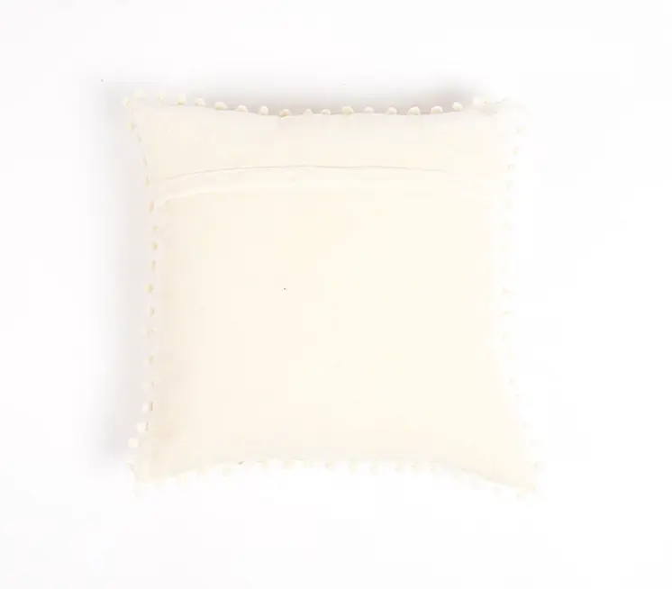 18" Off White Cotton Blend Throw Pillow Cover With Pom Poms