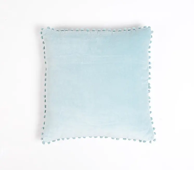 18" Blue Cotton Blend Throw Pillow Cover With Pom Poms