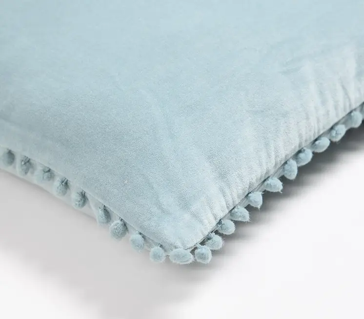 18" Blue Cotton Blend Throw Pillow Cover With Pom Poms