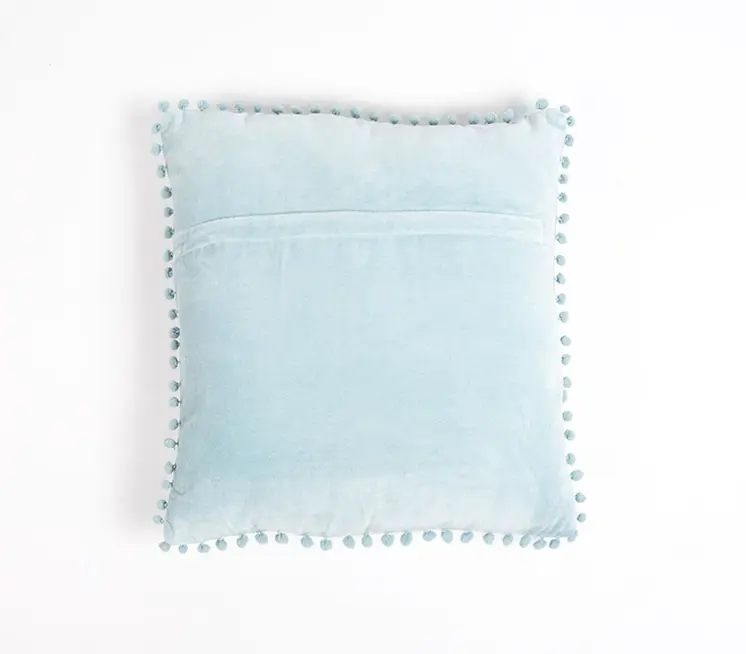 18" Blue Cotton Blend Throw Pillow Cover With Pom Poms