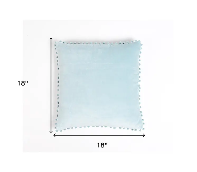 18" Blue Cotton Blend Throw Pillow Cover With Pom Poms