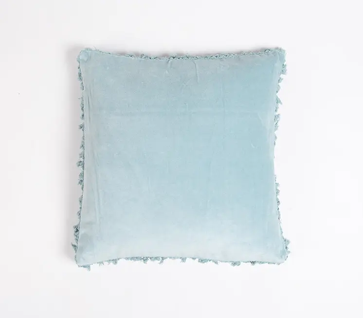 18" Blue Cotton Blend Throw Pillow Cover With Fringe