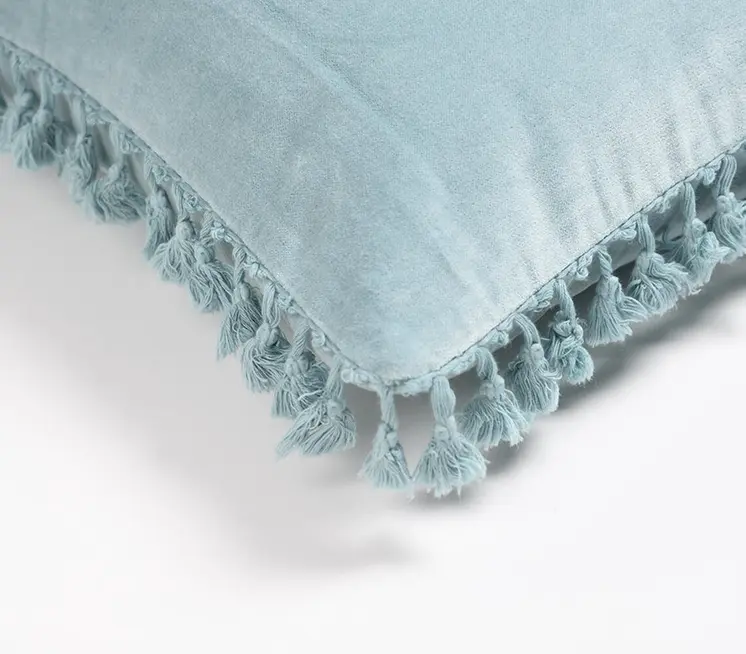 18" Blue Cotton Blend Throw Pillow Cover With Fringe