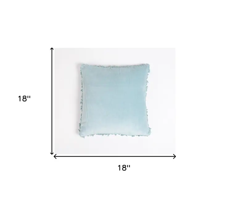 18" Blue Cotton Blend Throw Pillow Cover With Fringe