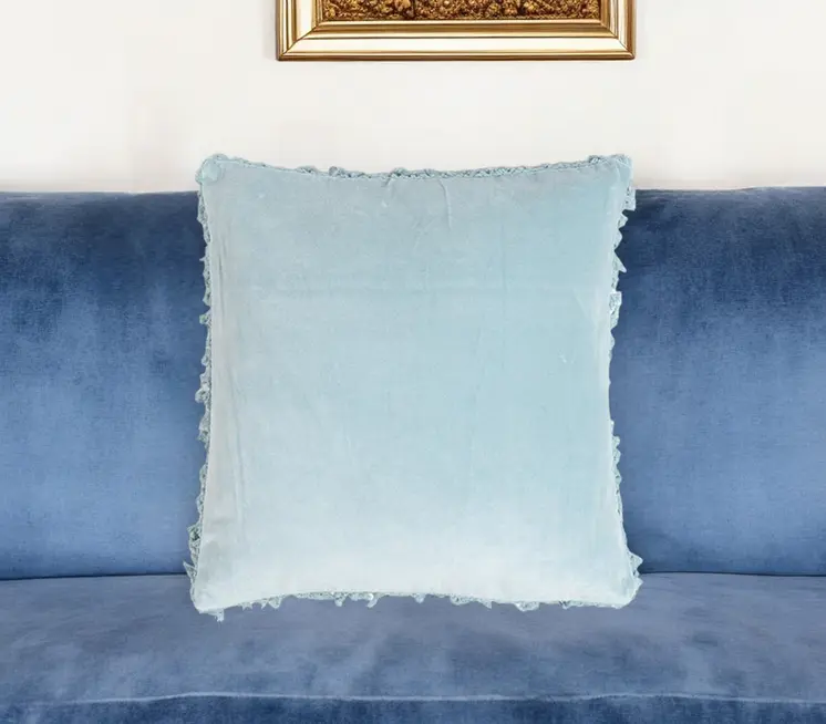 18" Blue Cotton Blend Throw Pillow Cover With Fringe
