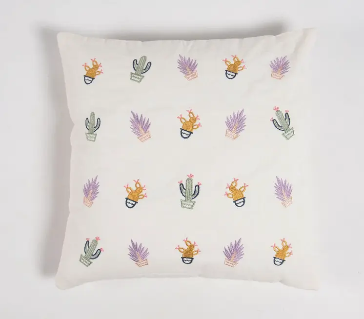 18" Green and White Cactus Cotton Throw Pillow Cover With Embroidery