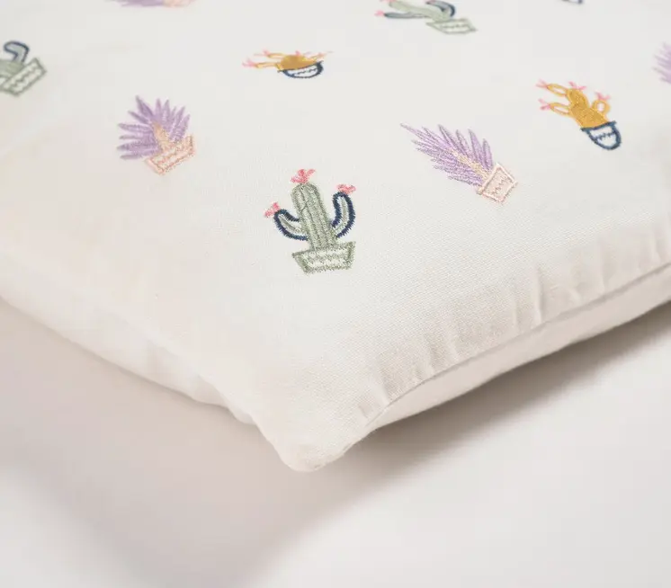 18" Green and White Cactus Cotton Throw Pillow Cover With Embroidery