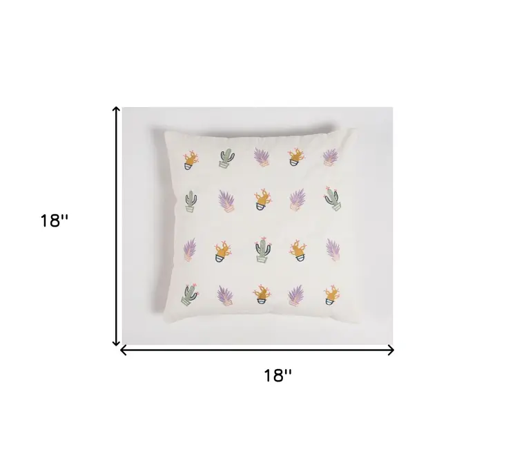 18" Green and White Cactus Cotton Throw Pillow Cover With Embroidery