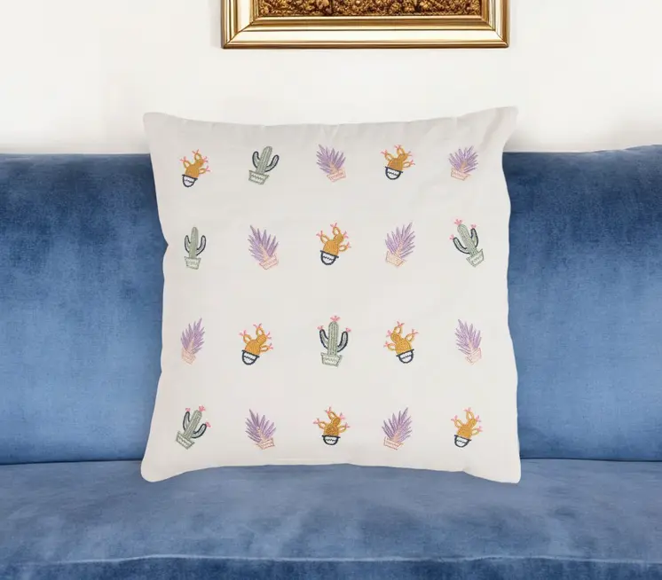 18" Green and White Cactus Cotton Throw Pillow Cover With Embroidery