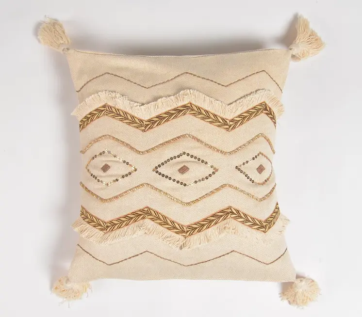 16" Beige and Gold Geometric Cotton Throw Pillow Cover With Sequins, Tassels