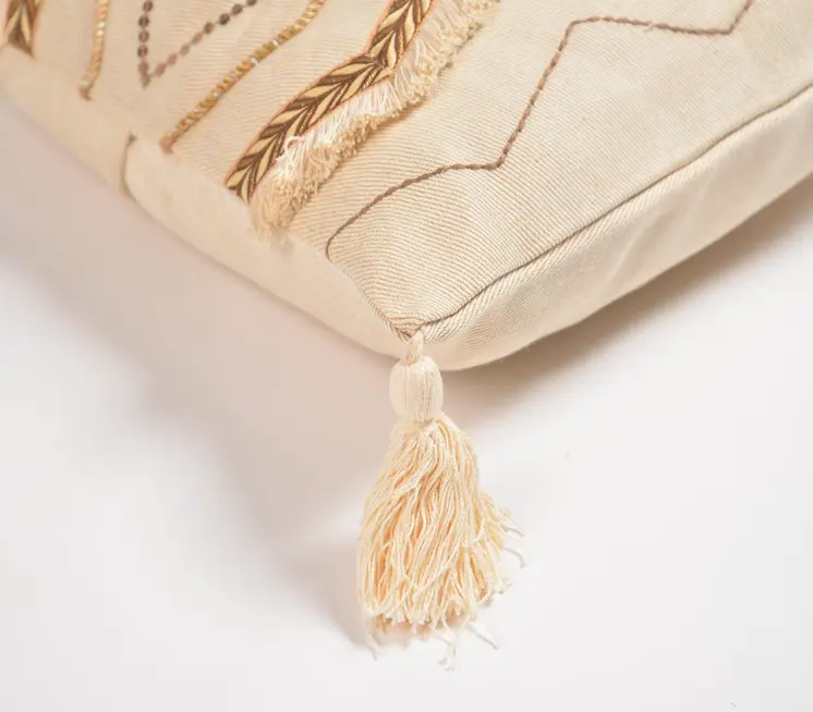 16" Beige and Gold Geometric Cotton Throw Pillow Cover With Sequins, Tassels