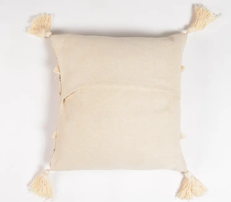 16" Beige and Gold Geometric Cotton Throw Pillow Cover With Sequins, Tassels