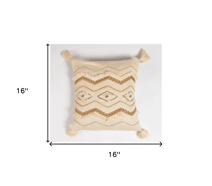 16" Beige and Gold Geometric Cotton Throw Pillow Cover With Sequins, Tassels