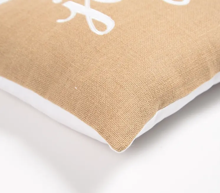 16" Beige and White Jute Throw Pillow Cover With Embroidery