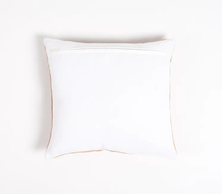 16" Beige and White Jute Throw Pillow Cover With Embroidery
