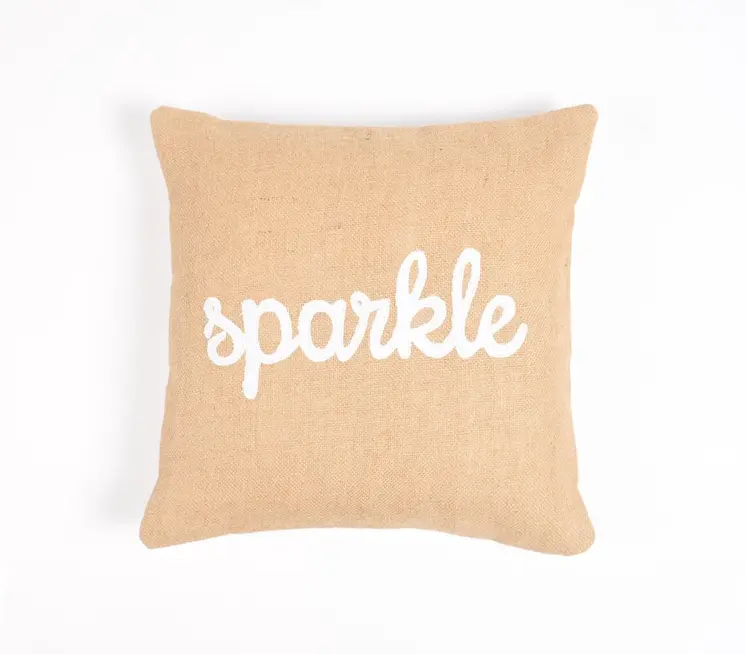 16" Beige and White Jute Throw Pillow Cover With Embroidery