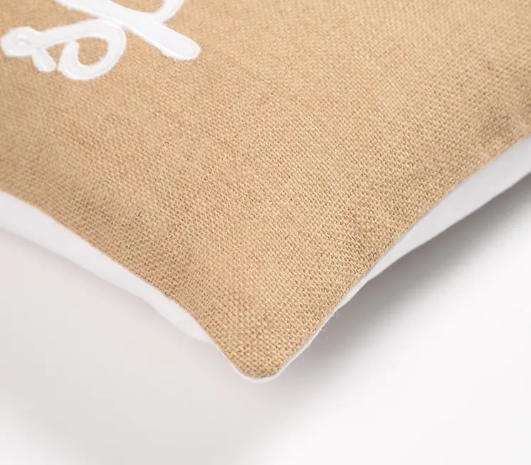 16" Beige and White Jute Throw Pillow Cover With Embroidery