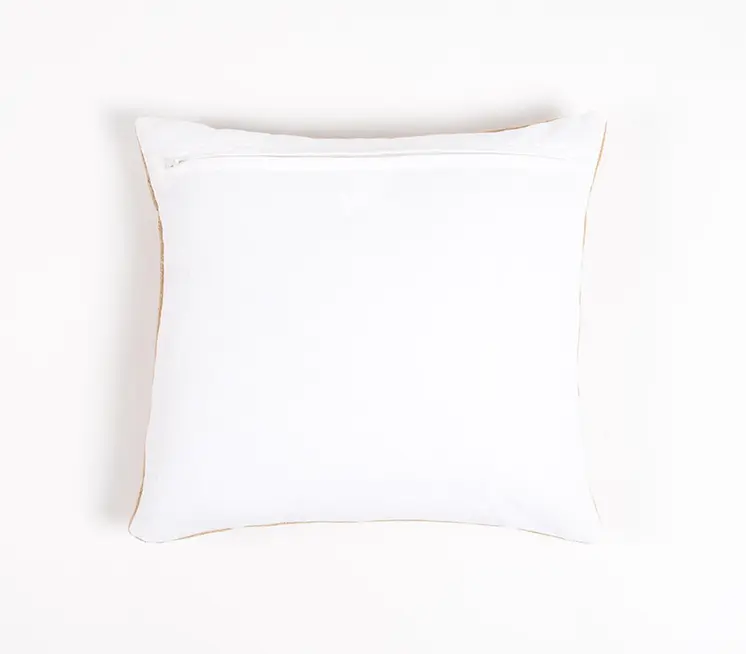 16" Beige and White Jute Throw Pillow Cover With Embroidery