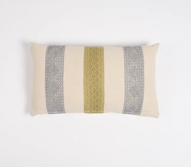 12" X 20" Beige and Green Striped Cotton Throw Pillow Cover With Lace