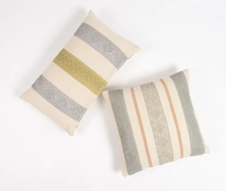 12" X 20" Beige and Green Striped Cotton Throw Pillow Cover With Lace