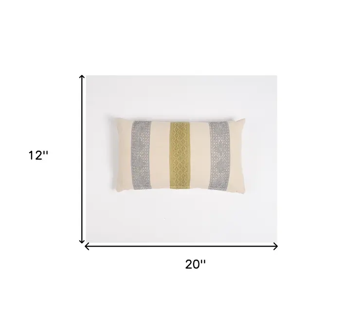 12" X 20" Beige and Green Striped Cotton Throw Pillow Cover With Lace