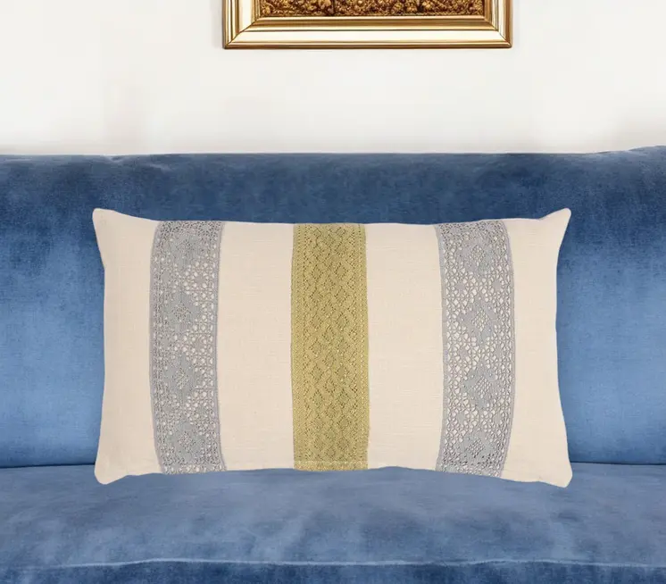 12" X 20" Beige and Green Striped Cotton Throw Pillow Cover With Lace