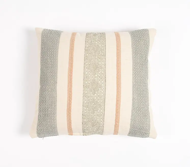 16" Beige and Green Striped Cotton Throw Pillow Cover With Lace