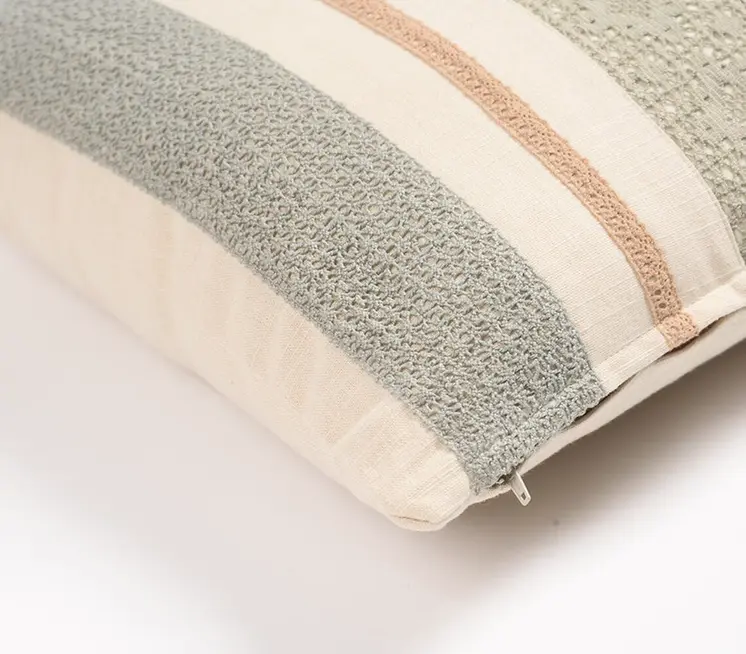16" Beige and Green Striped Cotton Throw Pillow Cover With Lace