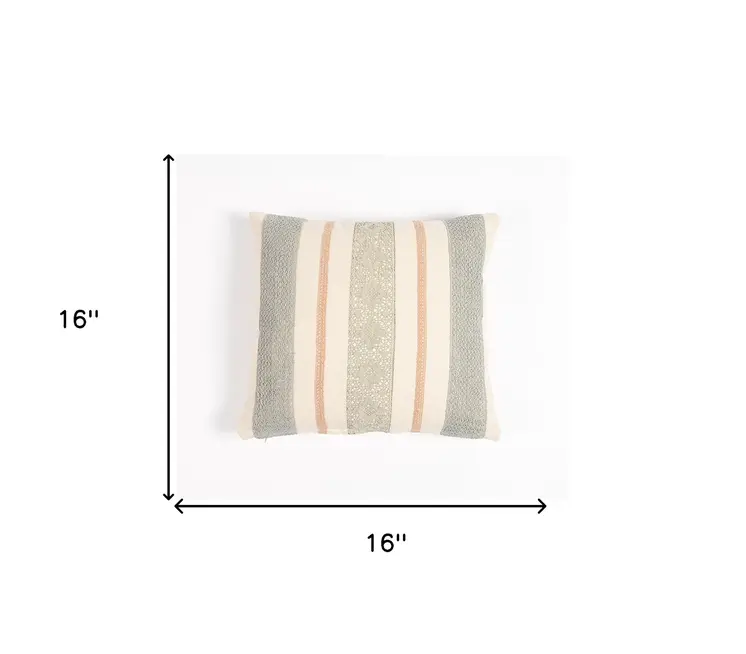 16" Beige and Green Striped Cotton Throw Pillow Cover With Lace