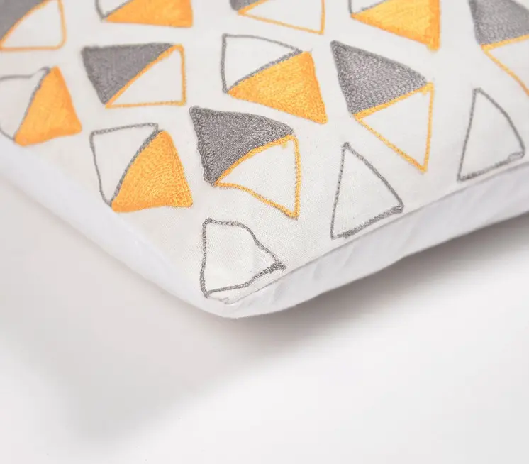 12" X 20" Yellow and White Geometric Cotton Throw Pillow Cover With Embroidery