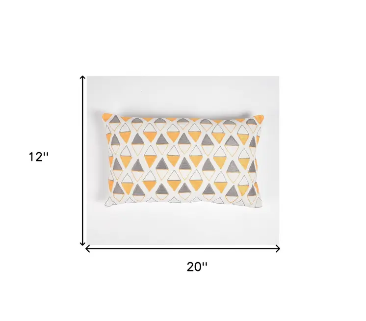 12" X 20" Yellow and White Geometric Cotton Throw Pillow Cover With Embroidery