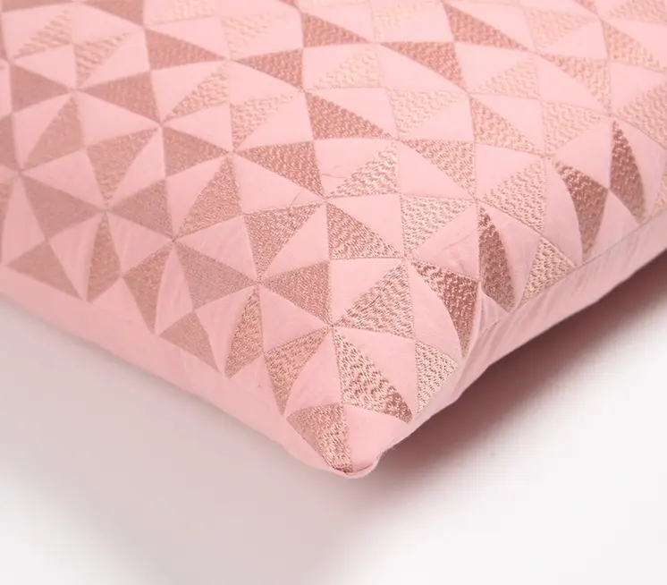16" Pink Geometric Cotton Throw Pillow Cover With Embroidery