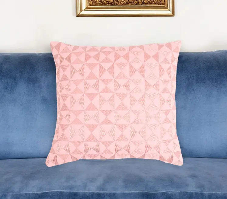16" Pink Geometric Cotton Throw Pillow Cover With Embroidery