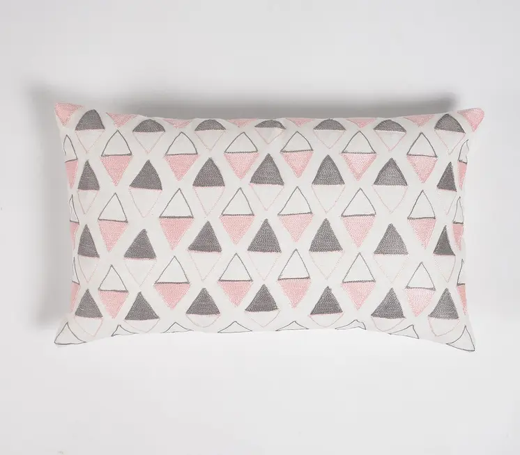12" X 20" Pink and White Geometric Cotton Throw Pillow Cover With Embroidery