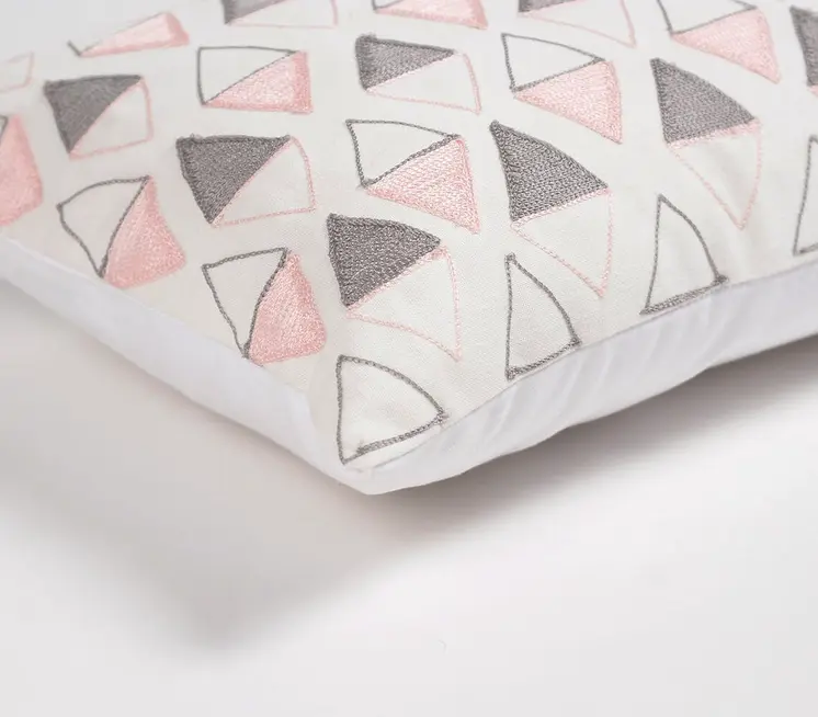 12" X 20" Pink and White Geometric Cotton Throw Pillow Cover With Embroidery