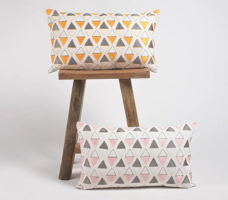 12" X 20" Pink and White Geometric Cotton Throw Pillow Cover With Embroidery