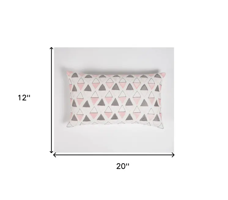 12" X 20" Pink and White Geometric Cotton Throw Pillow Cover With Embroidery