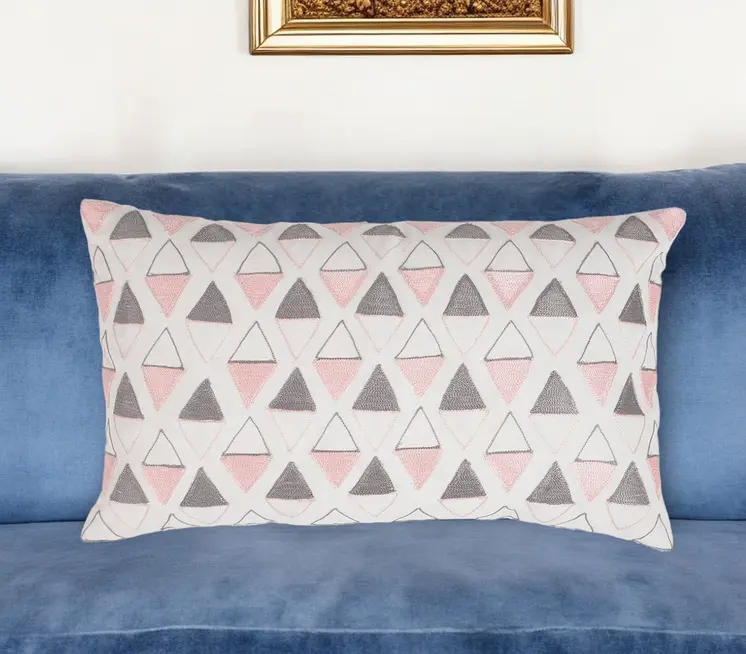 12" X 20" Pink and White Geometric Cotton Throw Pillow Cover With Embroidery