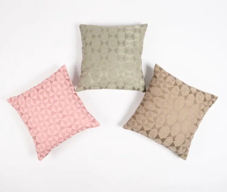 16" Pink Geometric Cotton Throw Pillow Cover With Embroidery