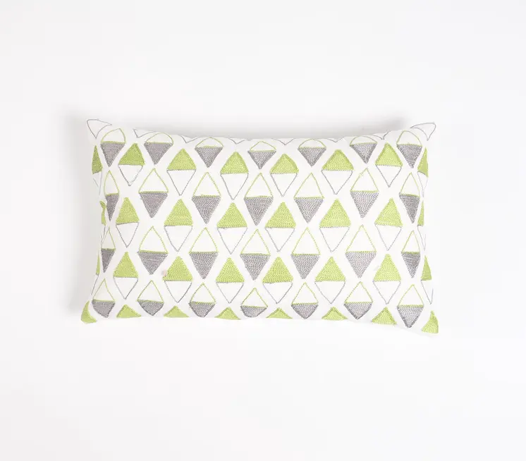 12" X 20" Green and White Geometric Cotton Throw Pillow Cover With Embroidery