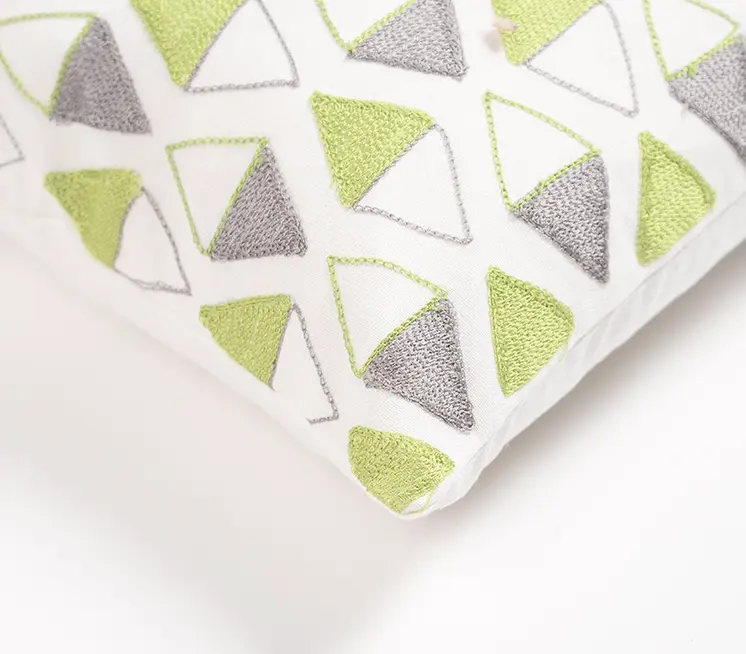 12" X 20" Green and White Geometric Cotton Throw Pillow Cover With Embroidery