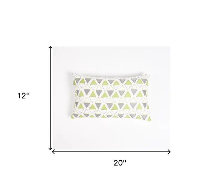 12" X 20" Green and White Geometric Cotton Throw Pillow Cover With Embroidery