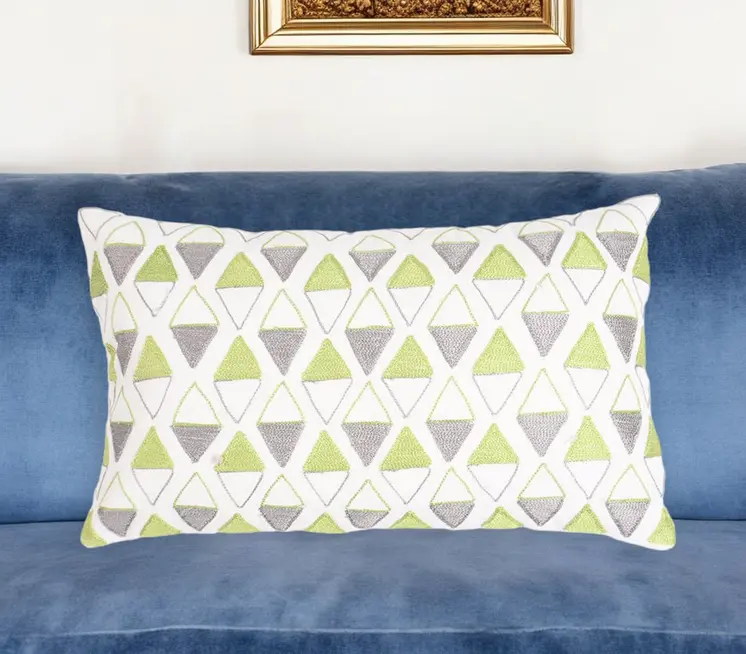 12" X 20" Green and White Geometric Cotton Throw Pillow Cover With Embroidery