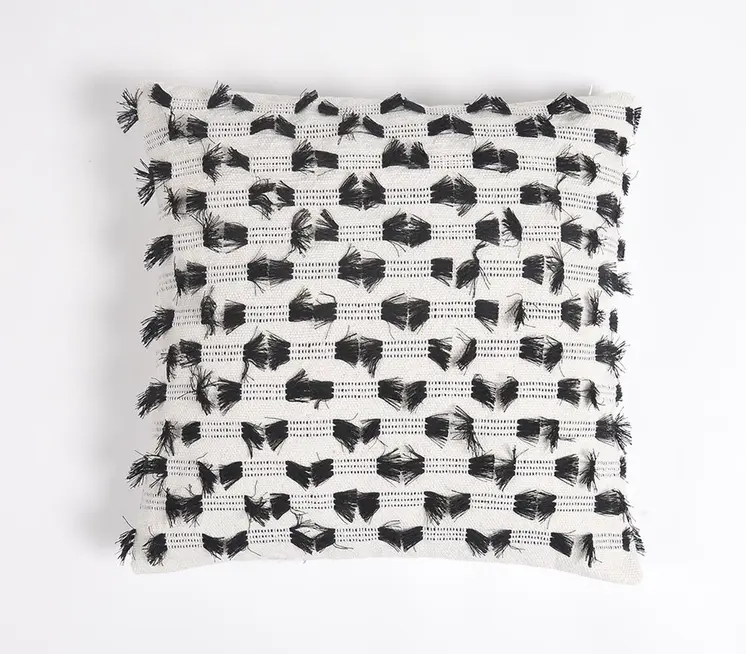18" Black and White Striped Cotton Throw Pillow Cover With Fringe
