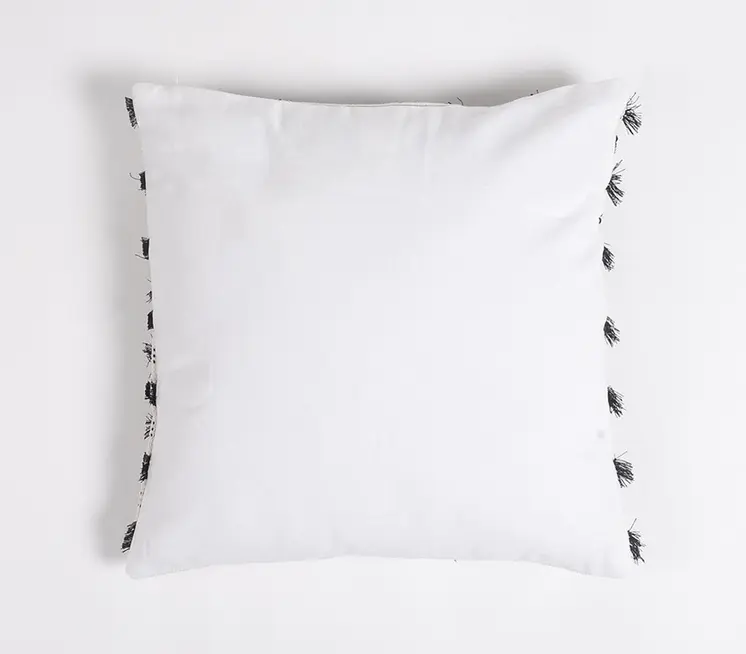 18" Black and White Striped Cotton Throw Pillow Cover With Fringe