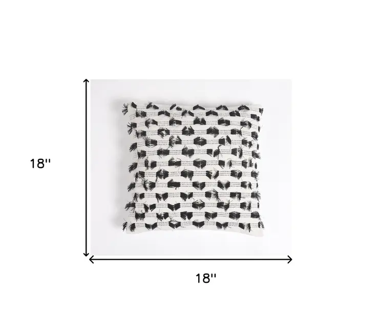 18" Black and White Striped Cotton Throw Pillow Cover With Fringe