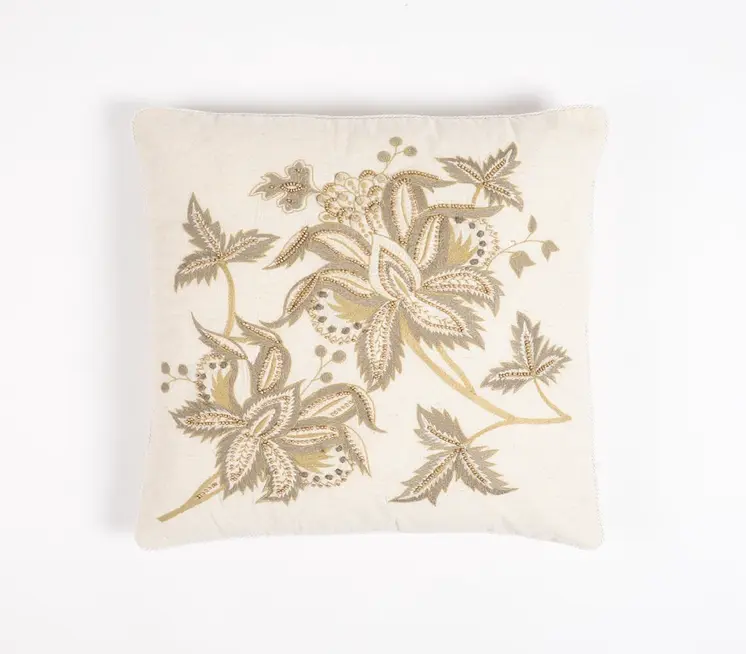 18" Beige and Green Floral Cotton Throw Pillow Cover With Embroidery, Beads
