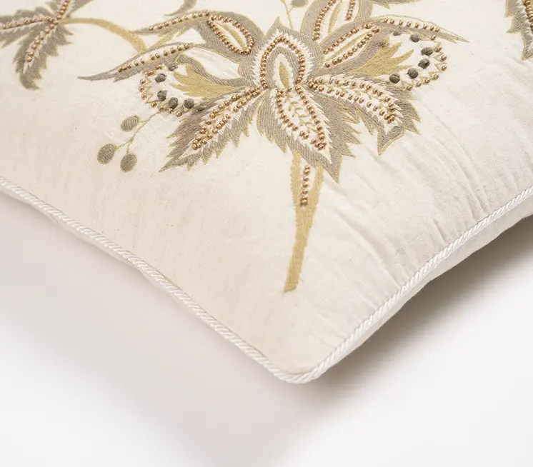 18" Beige and Green Floral Cotton Throw Pillow Cover With Embroidery, Beads