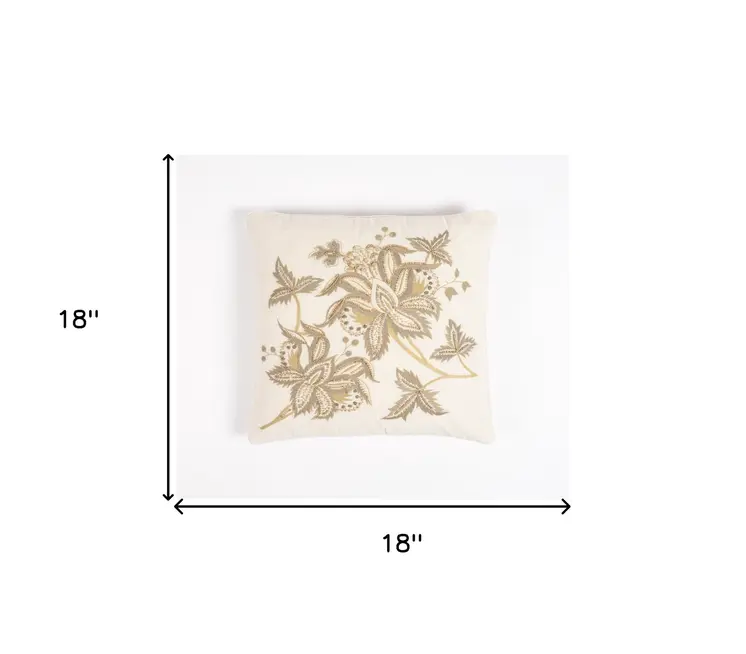 18" Beige and Green Floral Cotton Throw Pillow Cover With Embroidery, Beads