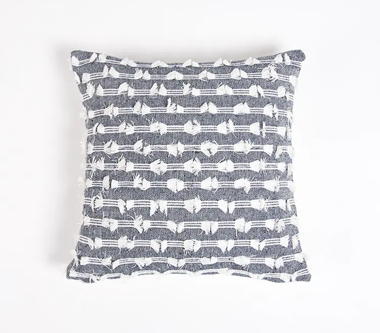 18" Blue and White Striped Cotton Throw Pillow Cover With Fringe